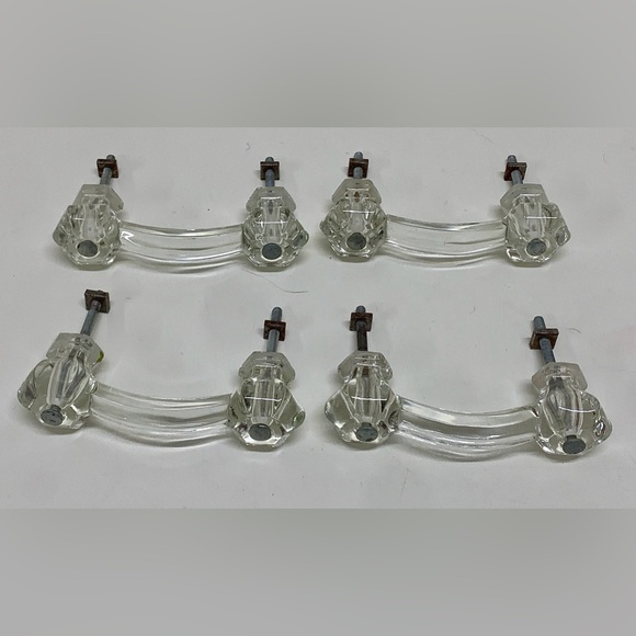 (Lot of 4) Early 1900s Clear Molded Glass Drawer Bridge Pull Handles w/ hardware - Picture 3 of 10